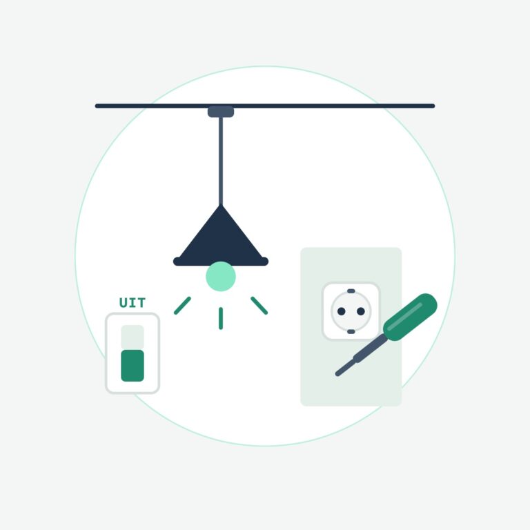 Illustratie van een hanglamp, stopcontact en spanningzoeker, met de groep uitgeschakeld